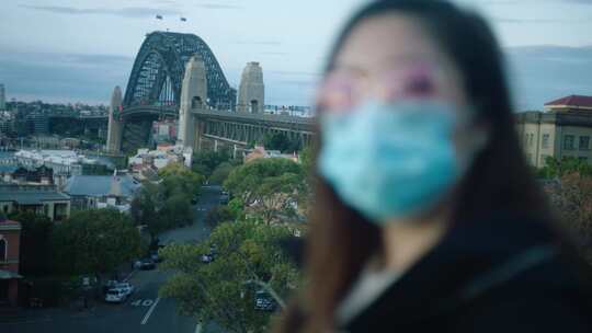 戴着口罩和心形太阳镜直视镜头的女人