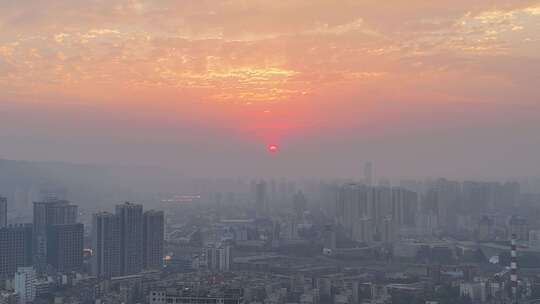 陕西宝鸡城市日出彩霞航拍