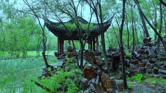 苏州园林雨景中的古建筑