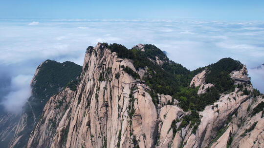 航拍陕西西岳华山山顶云海天空自然风光