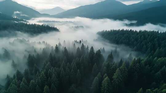 山间云雾缭绕的森林全景