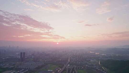 杭州滨江城市日出风景航拍