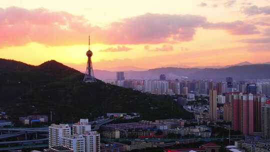 青海西宁晚霞夜景航拍