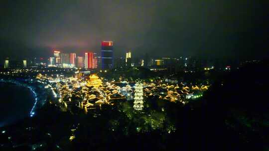 广西柳州盘龙双塔夜景航拍