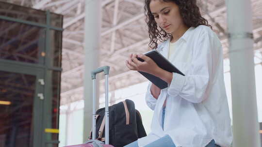 车站里带着平板电脑的年轻女子旅行者