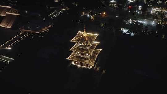 航拍上海松江广富林公园夜景