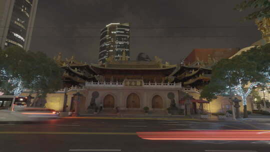 静安寺正门夜晚全景延时
