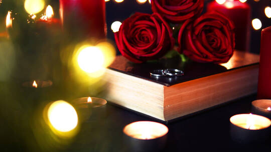 礼盒上的结婚戒指和玫瑰花