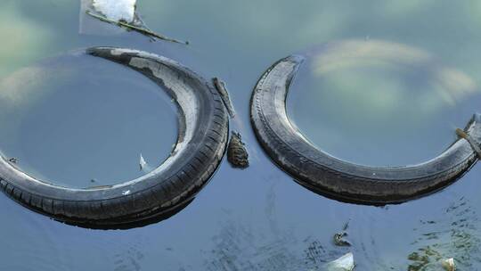 一对旧轮胎淹没在被污染的河水中