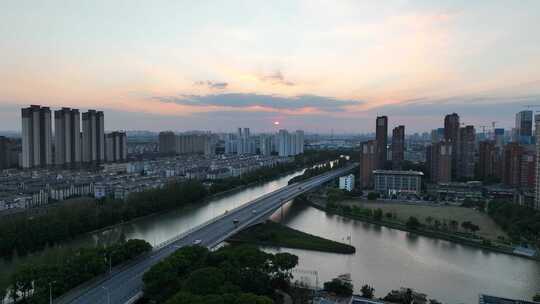 4K航拍昆山城市日落风光大景