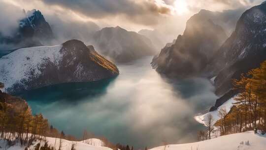 雪山湖泊自然风光全景