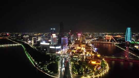 浙江宁波城市夜景灯光航拍