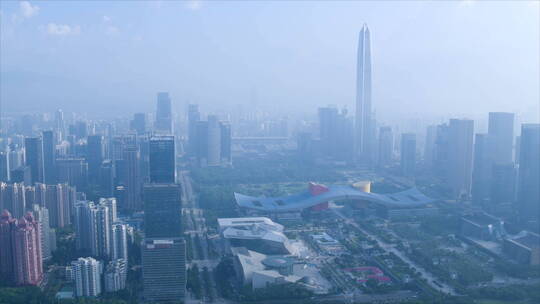 航拍深圳福田CBD深圳市民中心远景 塔 雾