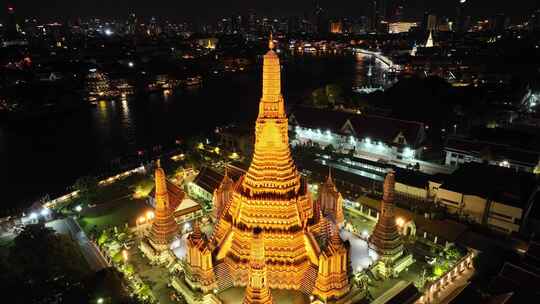 原创 泰国曼谷郑王庙城市航拍夜景