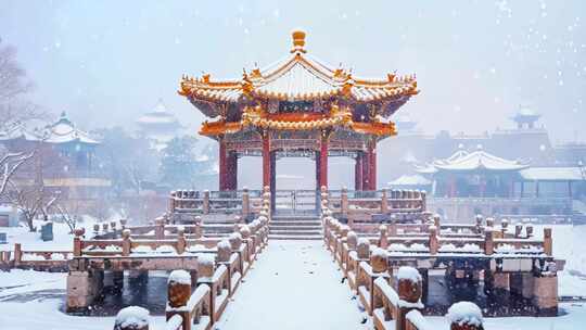 冬天中国塔楼楼阁下雪古风雪景