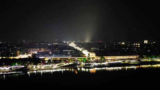 航拍湖北襄阳古城夜景