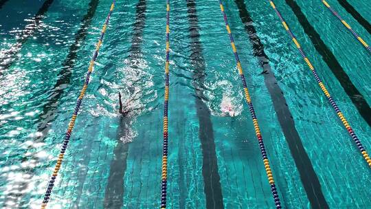 游泳运动员跳入水体育赛事活动仰泳蛙泳航拍视频素材模板下载