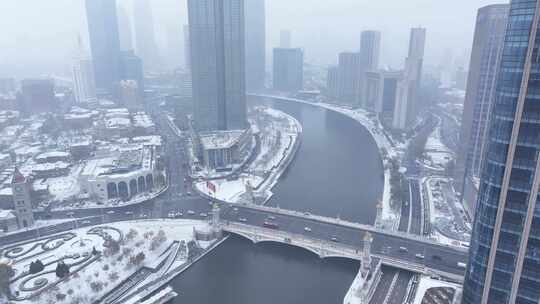 天津海河雪景航拍