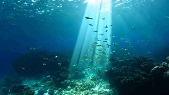 4k阳光透过海面大海里的鱼群海洋生物