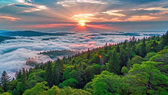 森林阳光云海森林云雾缭绕树林山大自然风景