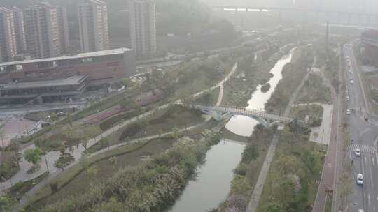 龙岩新罗区龙岩市工人文化宫小溪河流域航拍