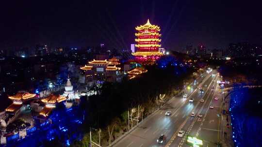 武汉市黄鹤楼夜景4k航拍