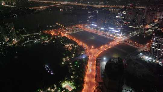 浙江绍兴市区市中心高楼大厦夜晚夜景航拍摩