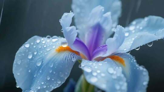 带水珠的蓝色鸢尾花特写