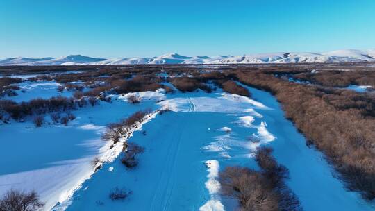 冬季湿地积雪覆盖的远山雪原风光视频素材模板下载