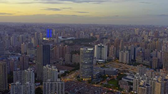 上海虹口区北外滩地标城市内透日落4K航拍