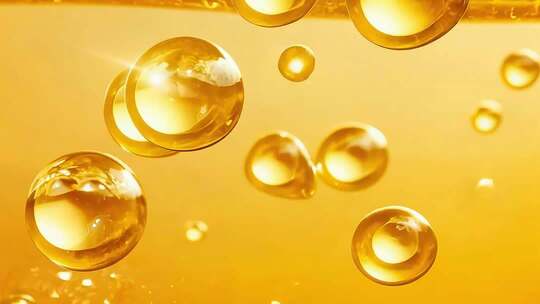 金色液体中悬浮的圆形颗粒