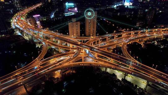 航拍未来智慧城市和高架道路智慧交通夜景