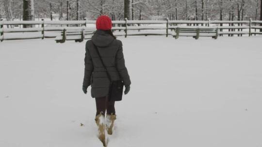 一名女子在雪地中缓步行走