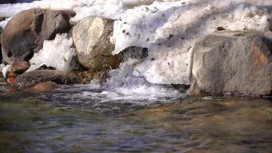 溪边覆雪岩石流水景象