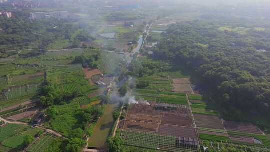 乡村农田河流航拍全景