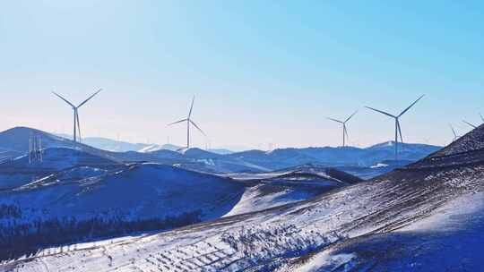 冬季承德丰宁坝上风电蓝天白云雪景航拍