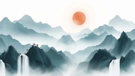 中国风山水瀑布水墨画云雾背景