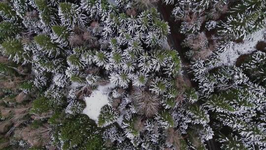 空中4k美丽的冬季山景。无人机在积雪覆盖