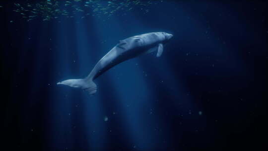一头雄伟的白鲸在鱼群中游泳