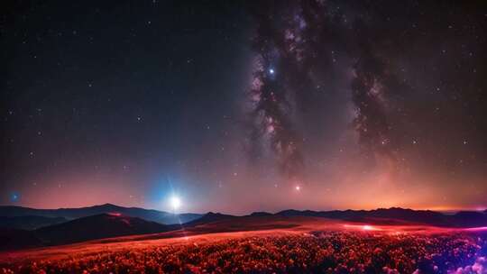 星空下的山脉与花海景观