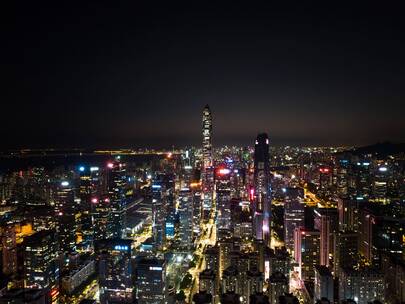 航拍深圳城市夜景延时建筑灯光
