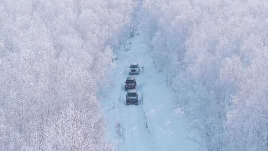 4K呼伦贝尔雪原雾凇车队行驶航拍3