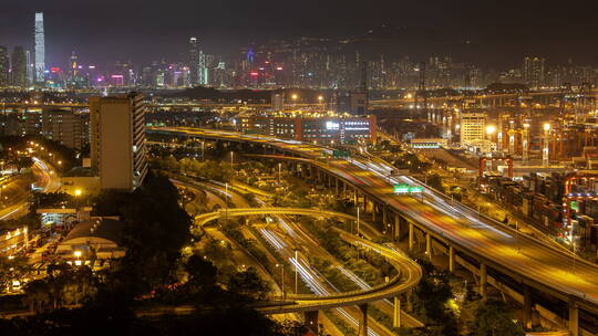 香港货柜码头及物流中心夜间延时