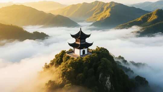 山间云雾中的中式古亭