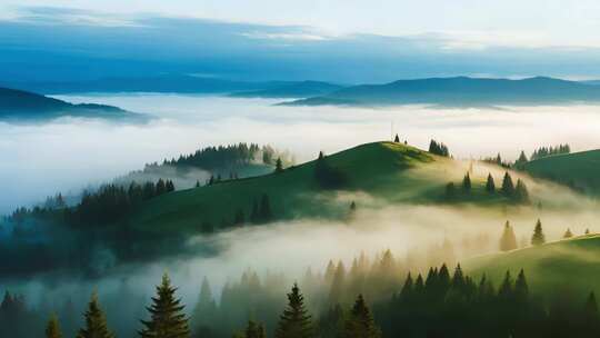 山间森林晨雾缭绕全景