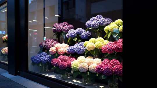 橱窗中多彩绣球花展示