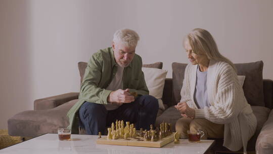 坐在家里沙发上下棋的老年朋友