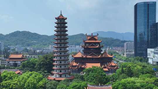 福州西禅古寺航拍城市寺庙古建筑景观风景