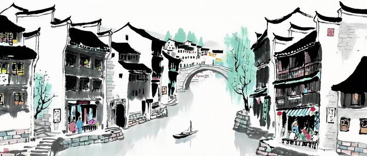8K大屏中国风水墨建筑群水墨江南古镇风光