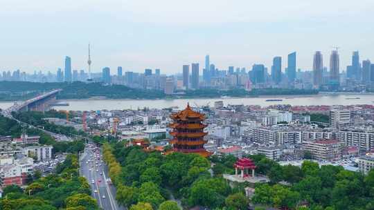 武汉黄鹤楼航拍湖北武昌区地标建筑城市风景